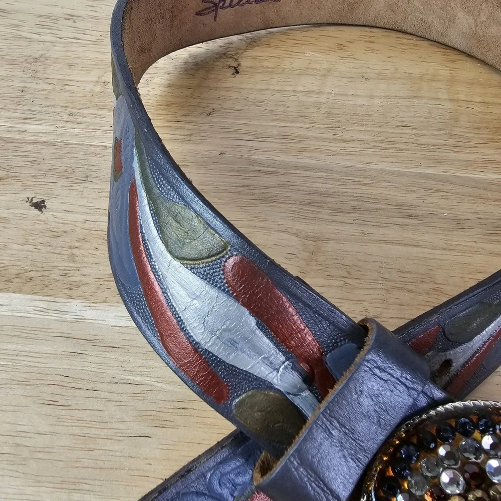 Designer Womens‎ S Floral Tooled Leather Belt Purple Blue Gold Rhinestone Buckle